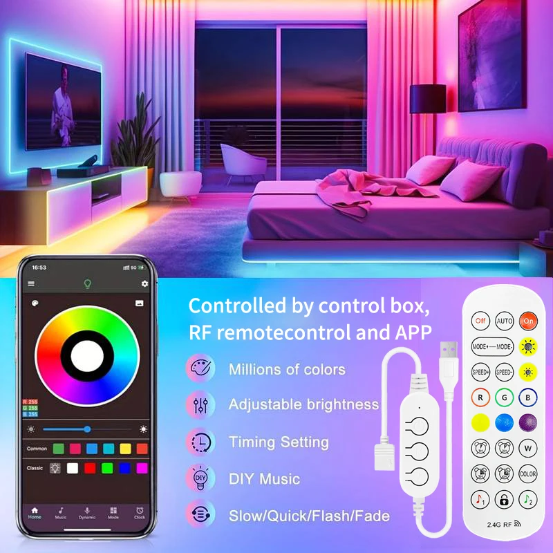 Tira de Luces Led RGB, 5m, 10m, 15m, luz Led para habitación con Control por aplicación, cinta Flexible, Luces, cinta Led para decoración de habitación y dormitorio
