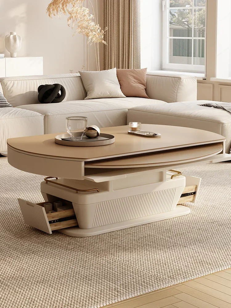 

Lifting Stone Plate Coffee Table Double-Use Living Room Small Apartment Square Round Cream
