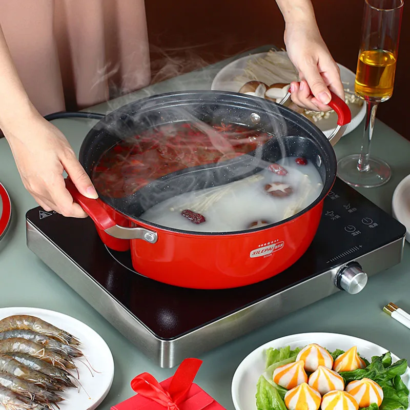 Gas Double Hot Pot Divided Food Induction Cooker Non-stick Instant Noodle Hot Pot Korean Ramen Soup Fondue Chinoise Cookware