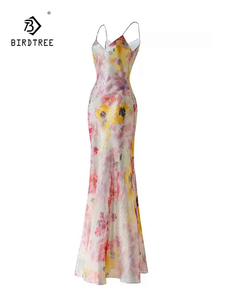 BirdTree, 2 Layered Mulberry Silk Party Dresses, Women Spaghetti Strap Watercolor, Slim Temperament Sweet Dress, Summer D43574QC