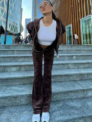 Apprabant Korean Velvet Trousers Set Fashion Hot Diamond Letter Zipper Hooded Cardigan Short Open Navel Top Sports Casual Suit