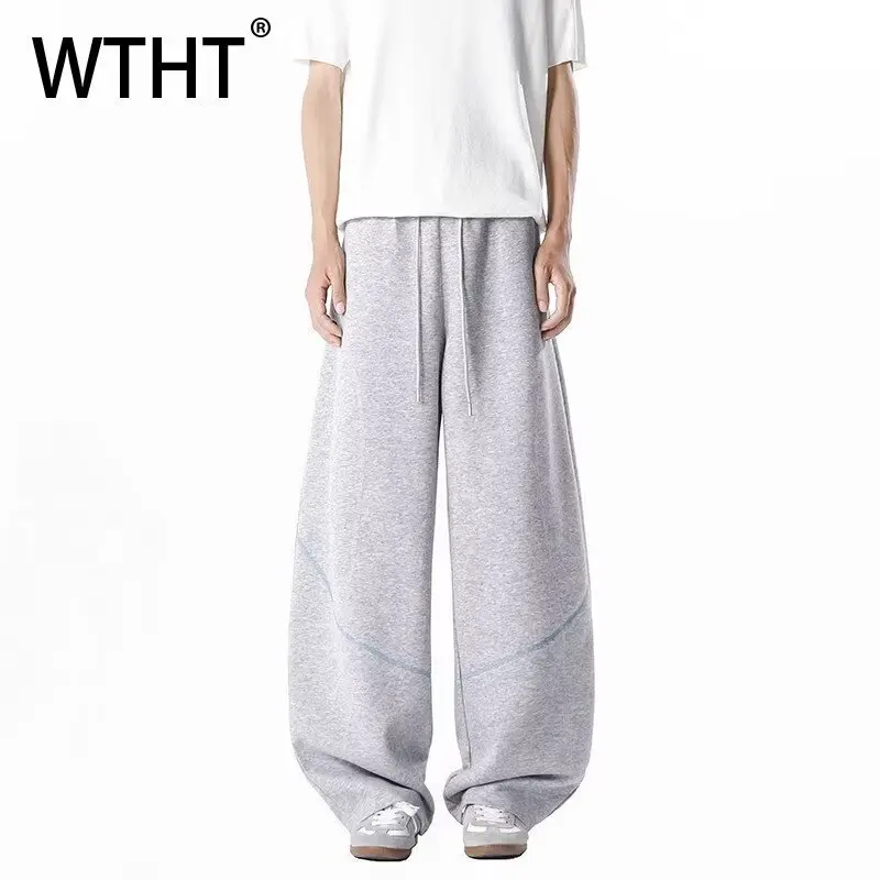 

WTHT Fashion Men's Striped Drawing Loose Straight Pants Trendy 2025 Autumn Elastic High Waist Wide Leg Trousers Male 2A2040