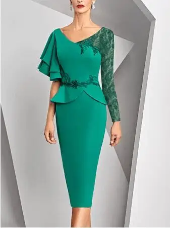 

Navy Blue Mother Of The Bride Dresses Sheath V-neck Long Sleeves Jersey Appliques Lace Bride Mother Beautiful Dress