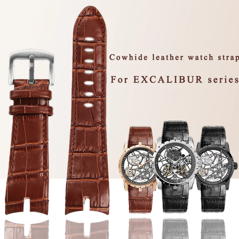 Cowhide lea/ther watchstrap 26 Concave-convex joint black brown watch band For Roger Dubuis EXCALIBUR KNIGHTS OF THE ROUND TABLE