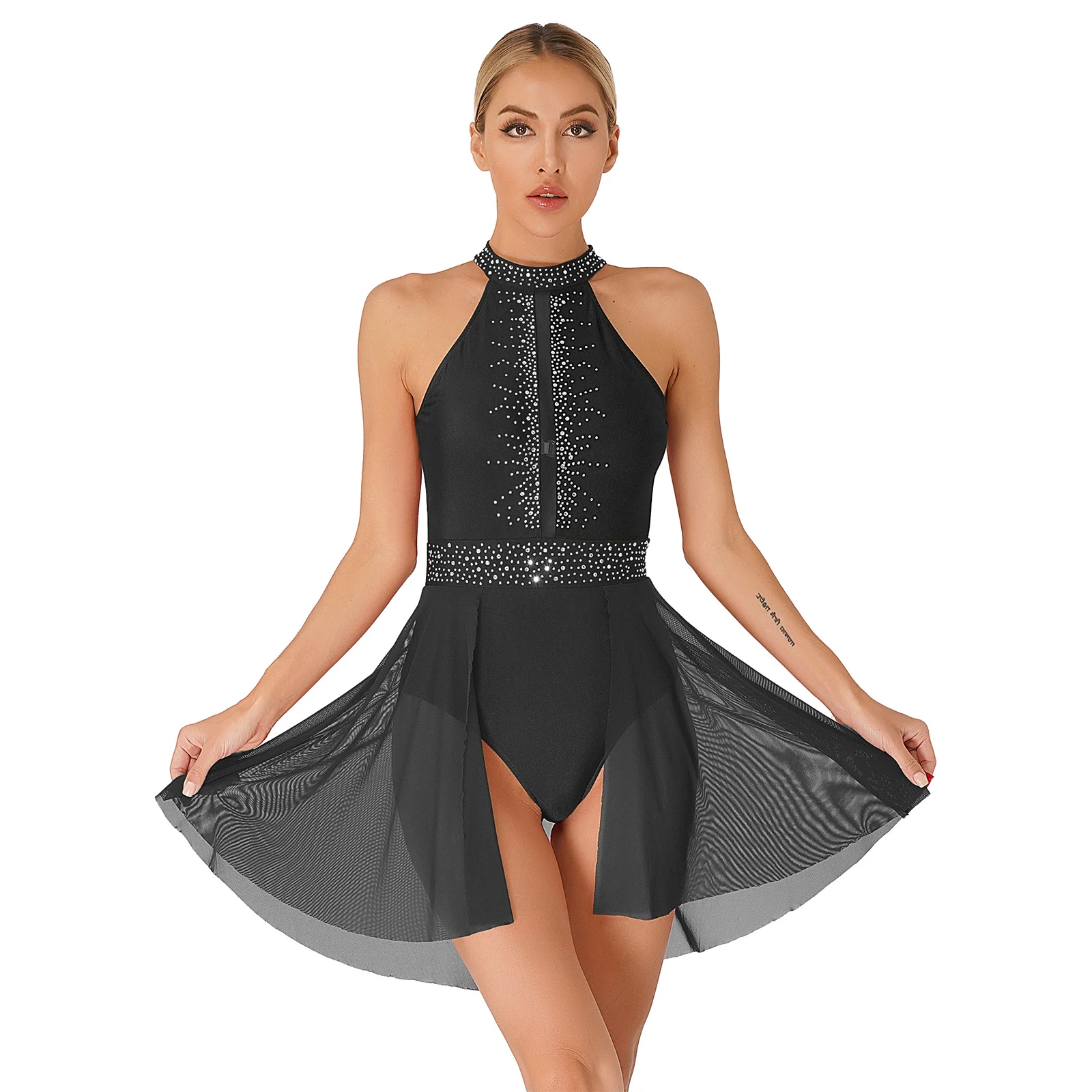 Womens Contemporary Lyrical Dance Dress Sleeveless Shiny Rhinestone Leotard Dresses Ballet Figure Skating Performance Costume