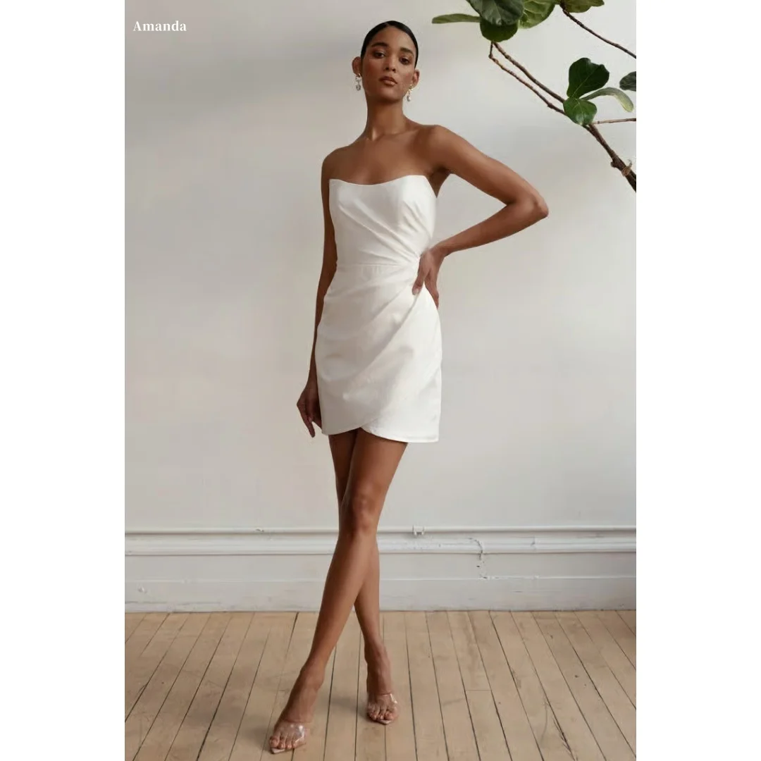 

Amanda Customized White Simple Strapless Backless Prom Dress Sleeveless vestidos de noche Mini Skirt Satin Formal Evening 2025