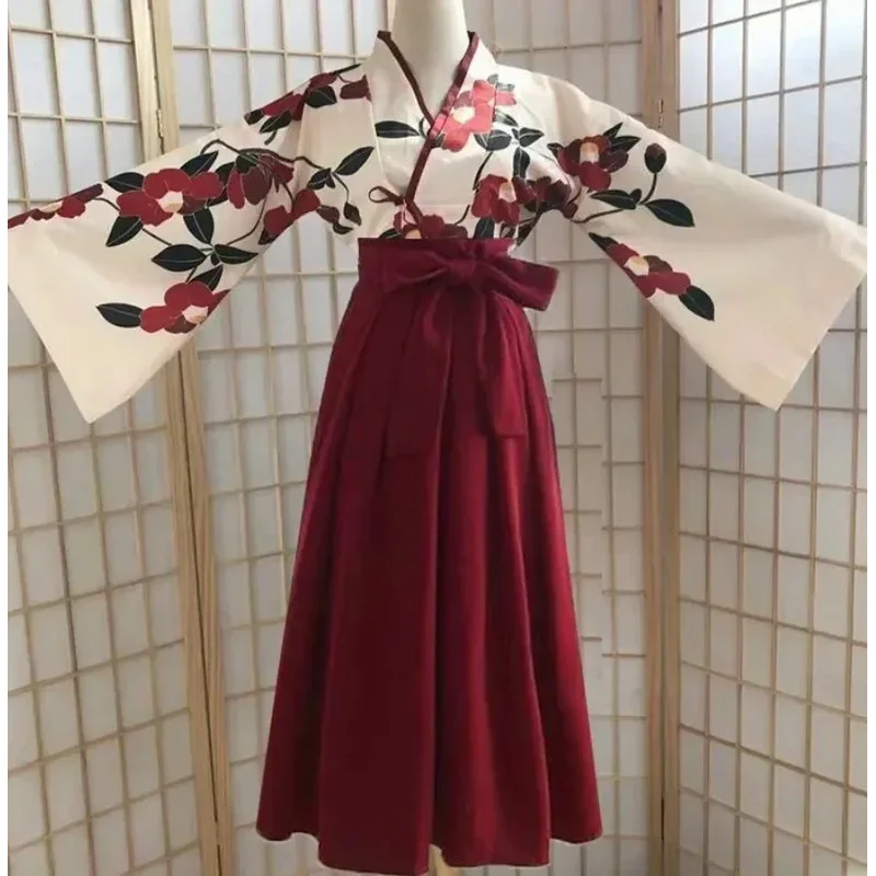 Kimono haori yukata Asian clothes Sakura girl Japanese style floral print vintage dress woman Oriental Camellia love costume