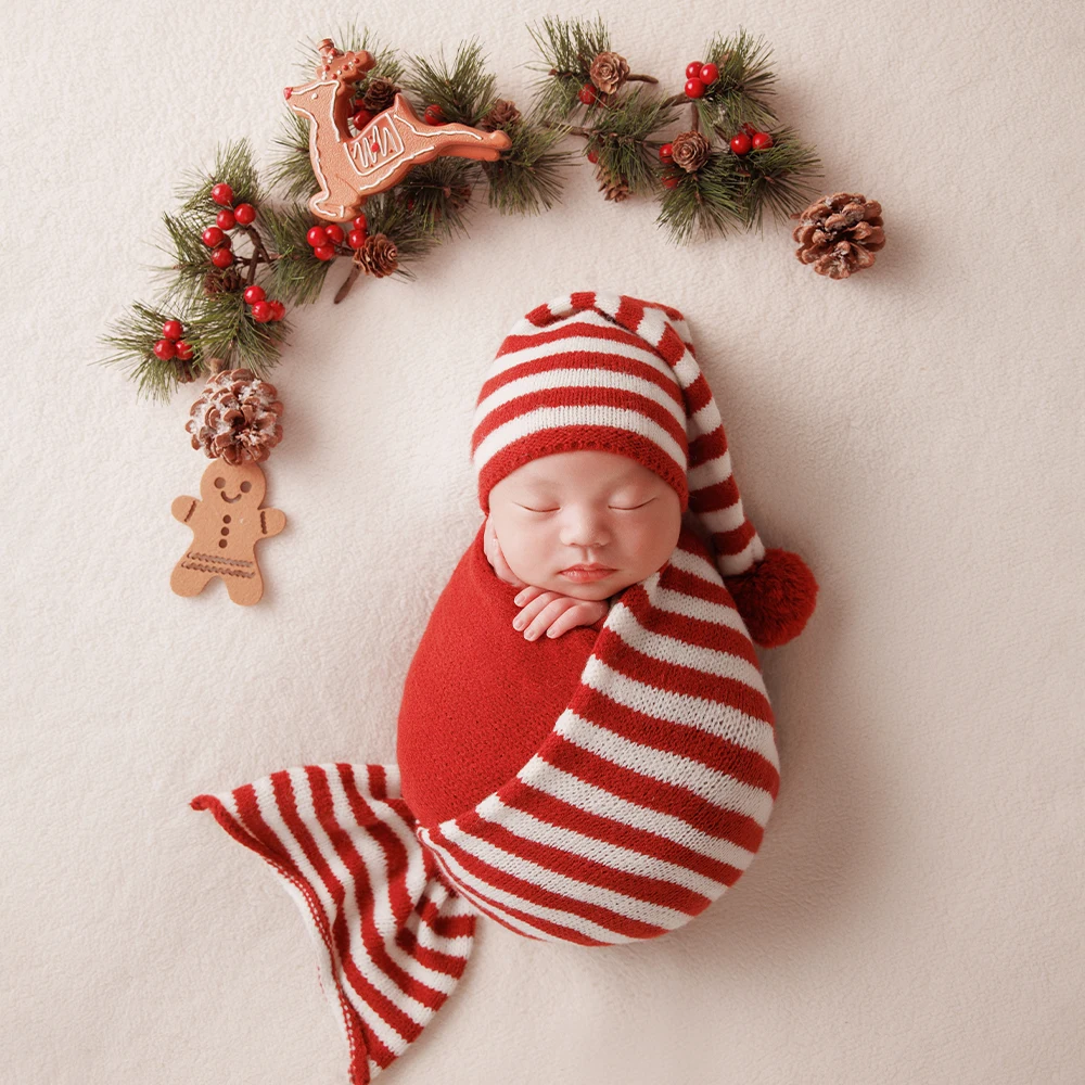 Christmas Newborn Photography Props Set Red White Stripe Knit Wrapping Xmas Decor Props for Photo Studio Baby Shoot Accessories