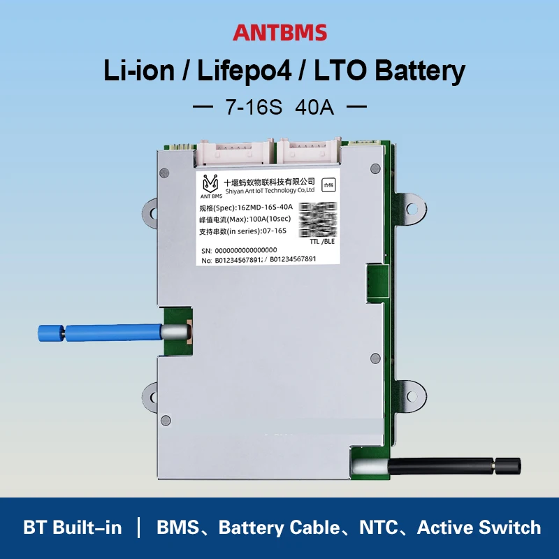ANT Smart BMS 7S 8S 10S 12S 13S 14S 16S Li-Ion LiFePO4 LTO Akku 24V 36V 48V 60V Dauerstrom 40A Spitzenstrom 100A Smart Balance Board