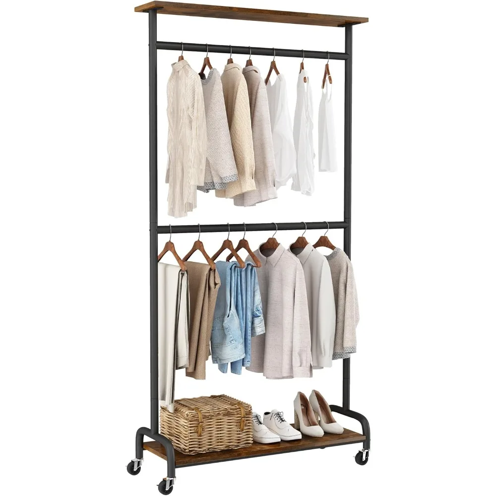 

Clothes Rack with Wheels, Heavy Duty Clothing Rack Load 400LBS, Double Rod Clothes Hanger Racks for Hanging Clothes