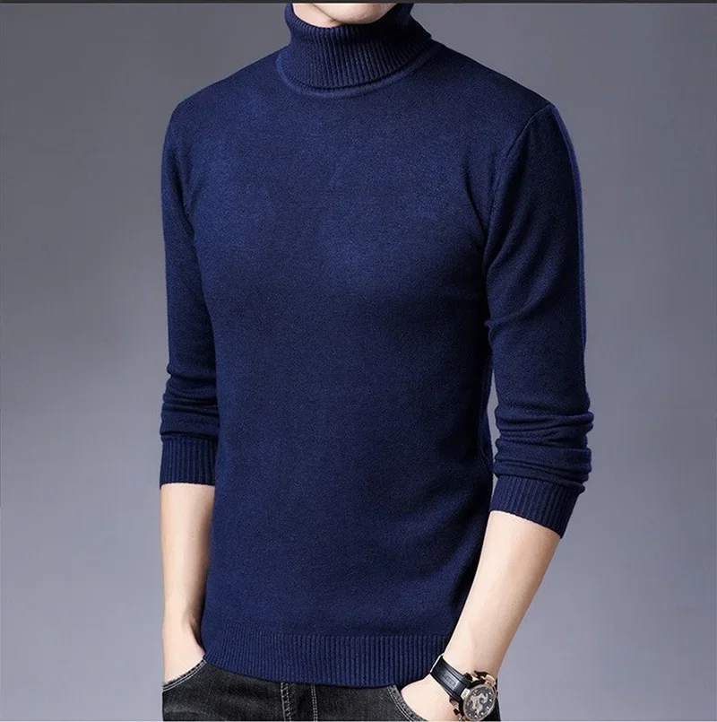 New Men High Neck Knitted Pullover Bottoming Sweater Male Fashion Casual Slim Solid Color Stretch Sweater