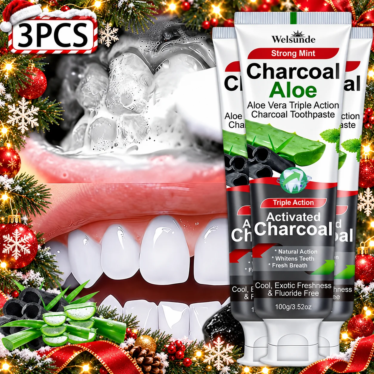 1/3PCS Activated Charcoal Aloe Vera Toothpaste, Strong Mint Flavor, Triple Action Toothpaste, Natural Whitening Teeth, Deep Cleansing, Fresh Breath,Toothpaste, Gentle Daily Oral Care