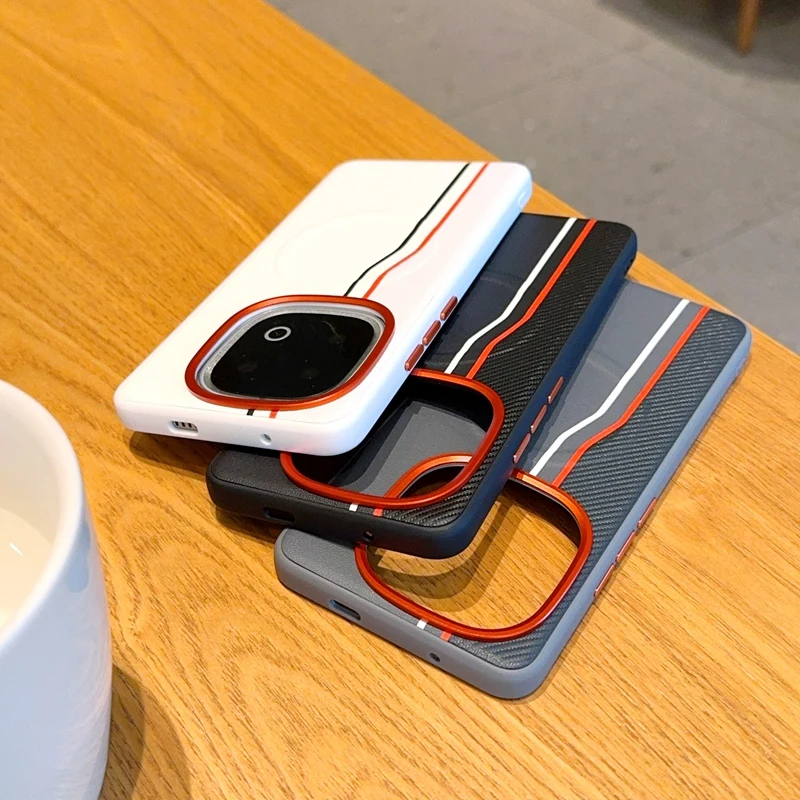 

For VIVO iQOO 13 Magnetic Case ELVEV Shockproof Dual Line Pattern PU Leather Hard PC Suction Phone Cover