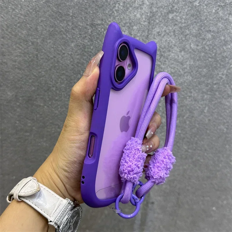 Cartoon 3D Cat Ear Lanyard Case For iPhone 17 Pro Max 12 13 14 15 16 Pro Max Plus 13 Mini 11 Wristband Clear Soft Border Cover