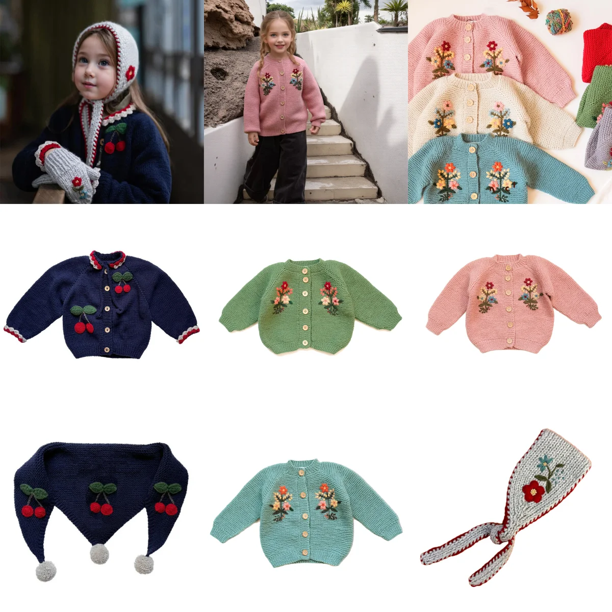 

Предпродажа, осень-зима 2022, корейский свитер ручной работы с цветочной вышивкой для девочек, вязаный кардиган, комплект платков, детская одежда