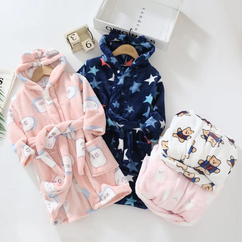 Baby Girls Clothes Winter Flannel Robes for Kids Teen Girls Bathrobe for 2-12 Y Children Pajamas Robes Pink Blue Navy Bath Towel