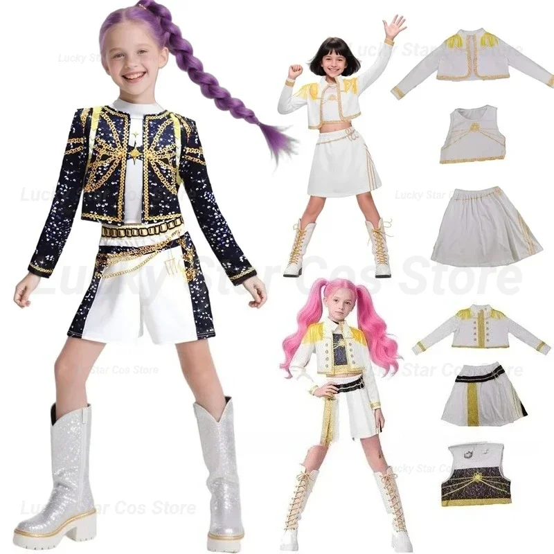 

Kids Girls K-pop for Demon Hunters Cosplay Costume Rumi Zoey Mira Uniform Suit for Halloween Performance Party Roleplay Outfits