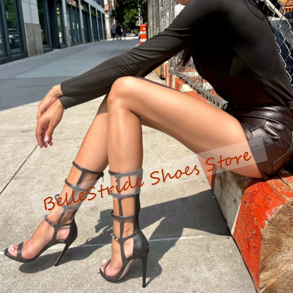 

Black Rivet Decor Hollow Out Sandals Back Zipper Matte Leather Shoes for Women Thin High Heels Dinner Party 2025 Zapatos Para Mu