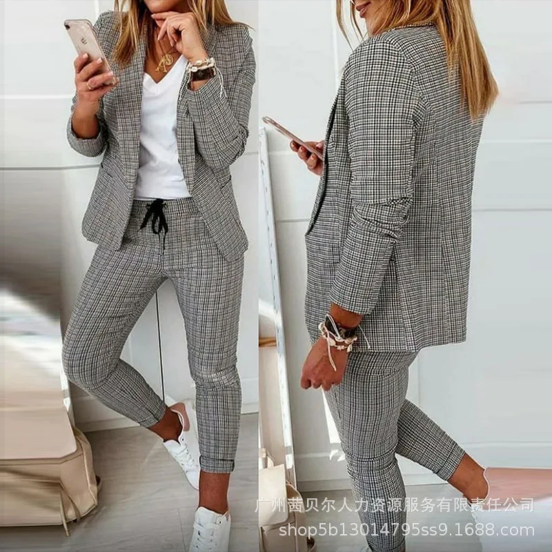 Woman Temperament Commuting Pants Sets Fashion Autumn New Light Grey Plaid Slim Lapel Long Sleeve Blazer & Drawstring Pants Set