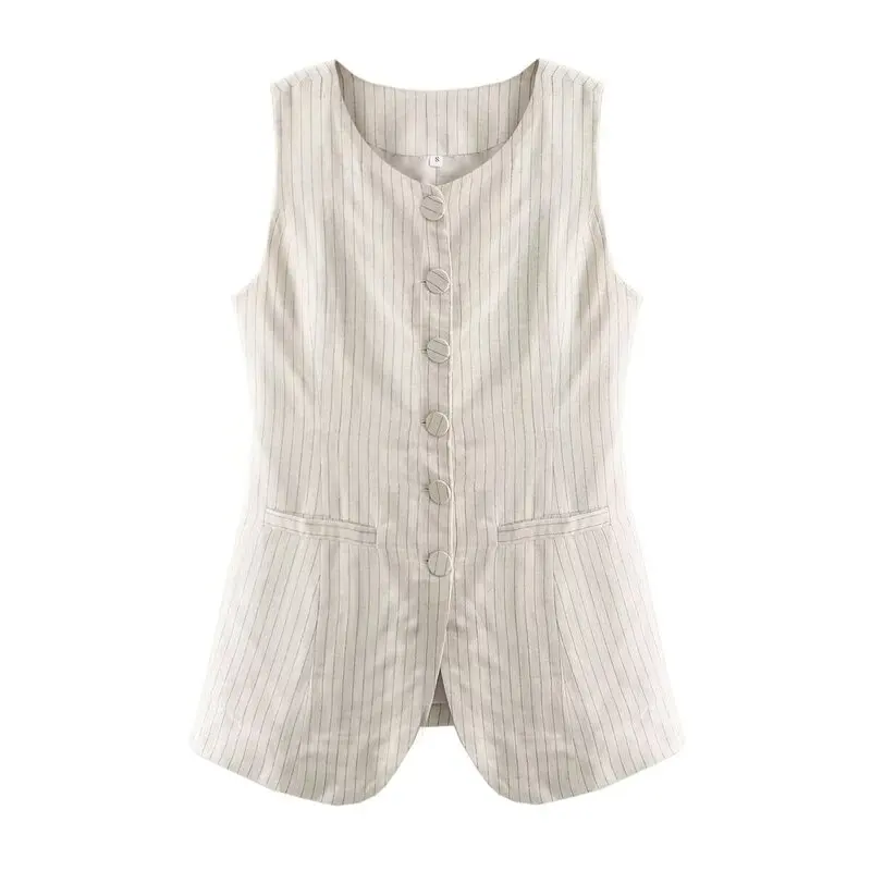 เสื้อกั๊กผ้าลินินผสมฝ้ายลายทางยาวสำหรับผู้หญิง ฤดูใบไม้ผลิ/ฤดูร้อน 2024 รุ่นอเนกประสงค์ คุณภาพดี แฟชั่น 2276