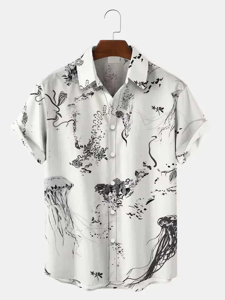 Fashionable Men's Casual Marine Creature Pattern Short Sleeved Shirt Top, Men's Casual Hawaiian Shirt