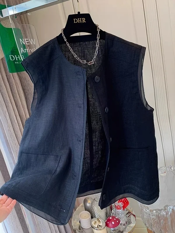 

Elegant Cotton Linen Sleeveless Top Women's plus Size Cardigan Vest Layering Open Front Knitwear Straight Cut Commute Style
