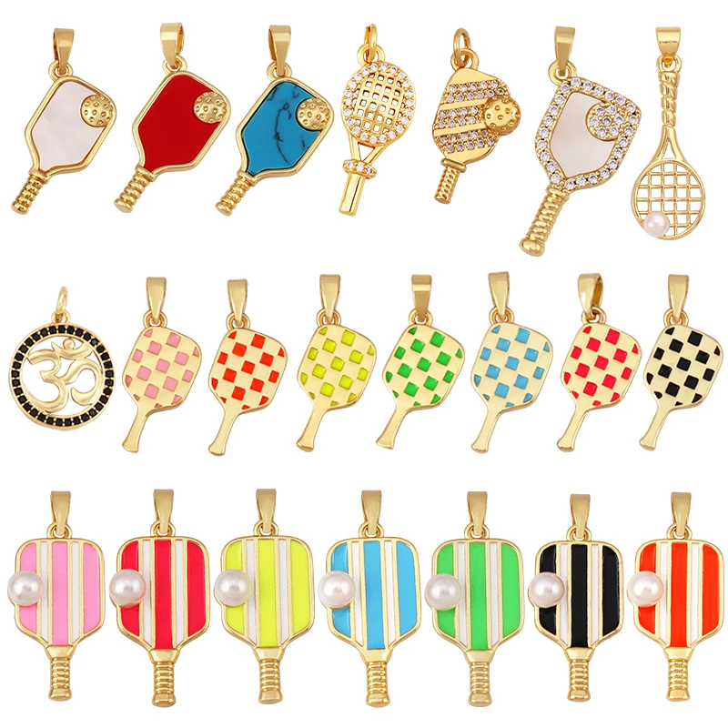 Sports Racket Tennis Badminton Enamel Colour Ins Fashion Charm Pendant, Gold Plated Zircon Jewelry Finding Supplies S74