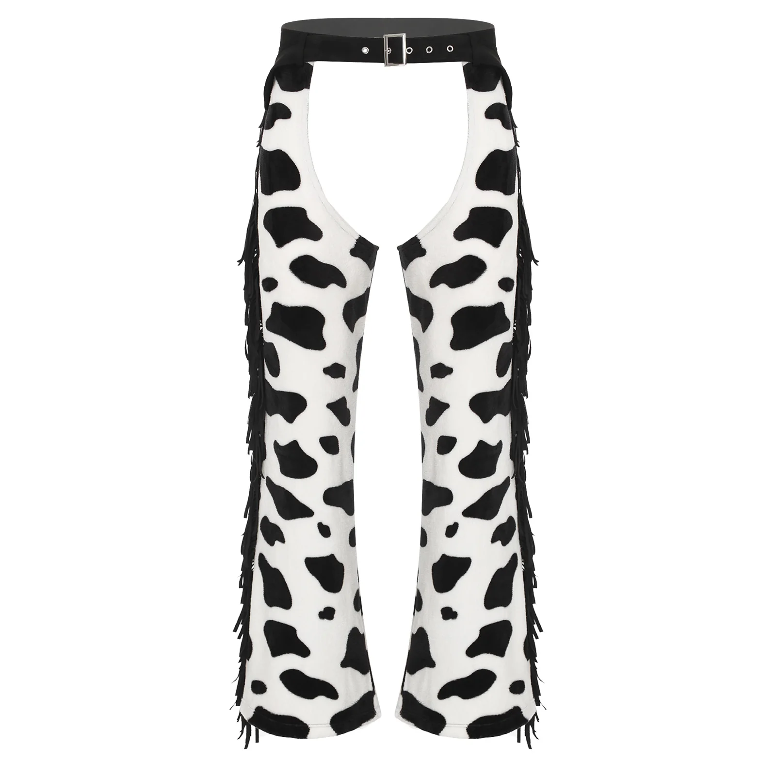 

Men's Cow Spot Pattern Flannel Long Pants with Side Tassel Open Crotch Biking Riding Cowboy Chaps Halloween Cospaly Costume