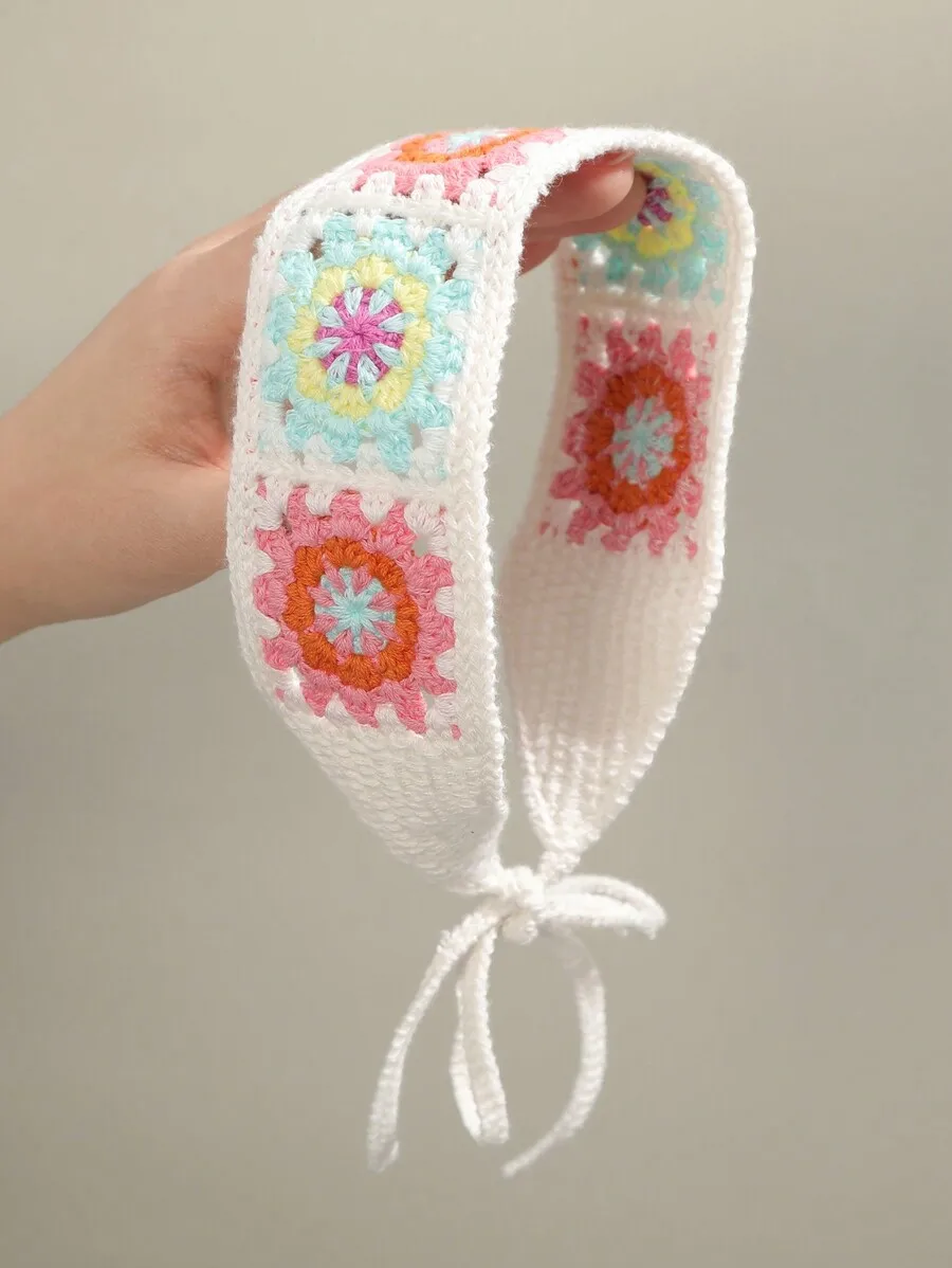 Handmade Crochet Flower Headband, Bohemian Floral Hair Band With Ties For Women