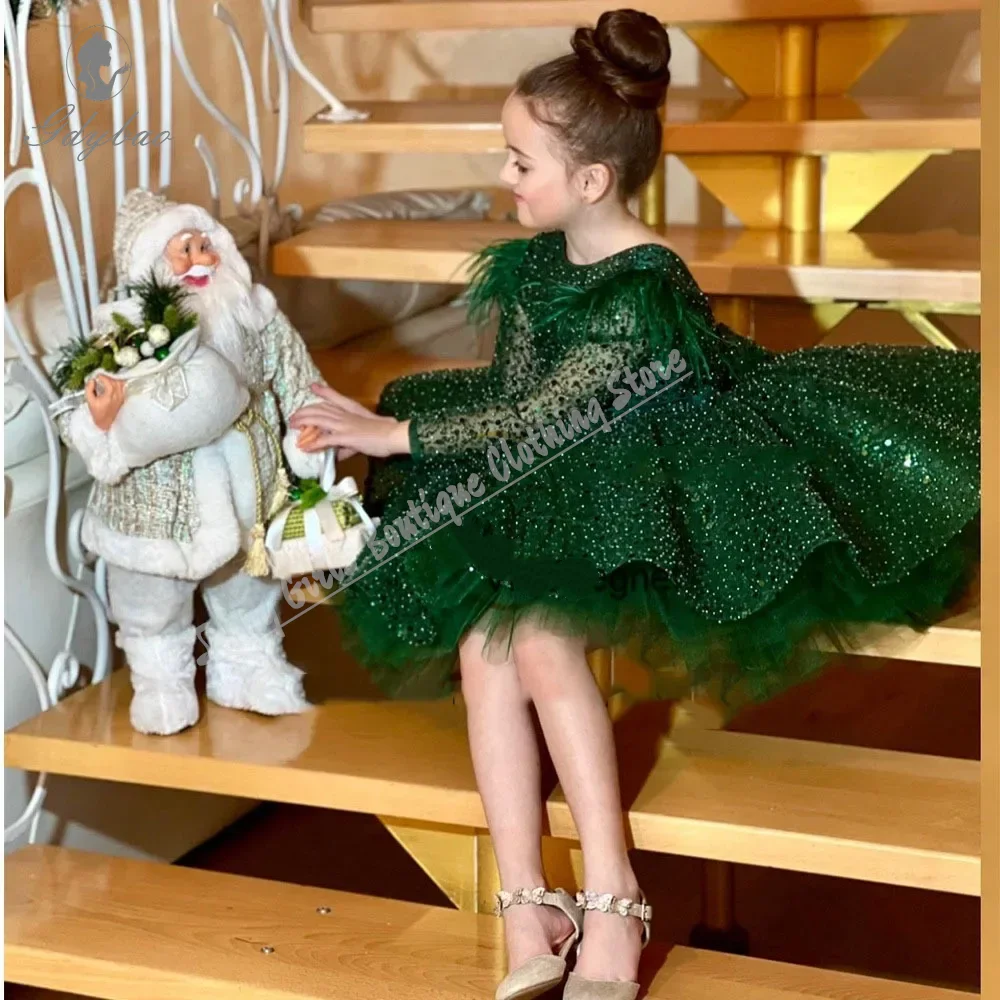 Sequined Feather Long-sleeved Performance Girl Princess Dress First Communion Christmas Banquet Green Knee-length Dress
