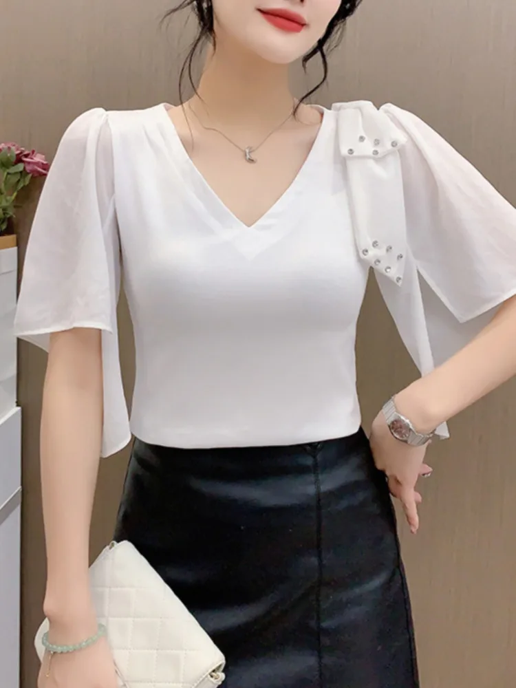 #7215 Black White Red Skinny T Shirt Women Spliced Chiffon Half Sleeve Diamonds Sexy Short Tshirt Femme Thin V-neck Korean Style