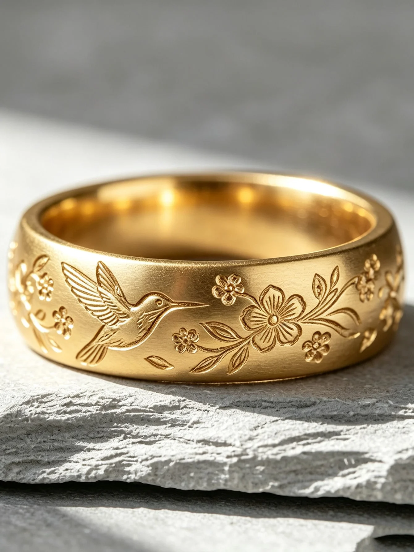Vintage Engraved Hummingbird Flower Ring 14K Gold Plated Wide Band Bird Floral Carved Stackable Wedding Band Women Fine Jewelry