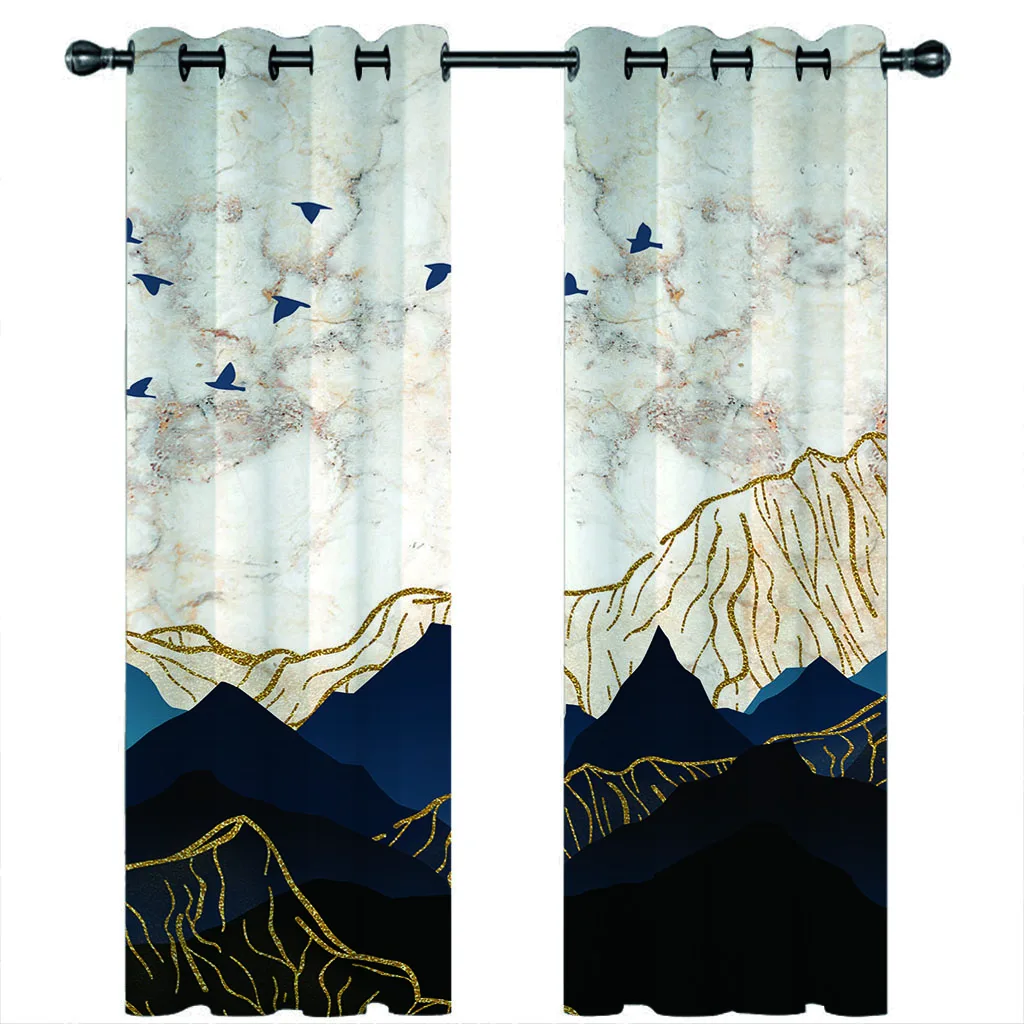 Customized Curtains For Bedroom Eyelet Abstract Golden Mountains Landscape Print Pattern Light Blocking Thermal Window Drapes