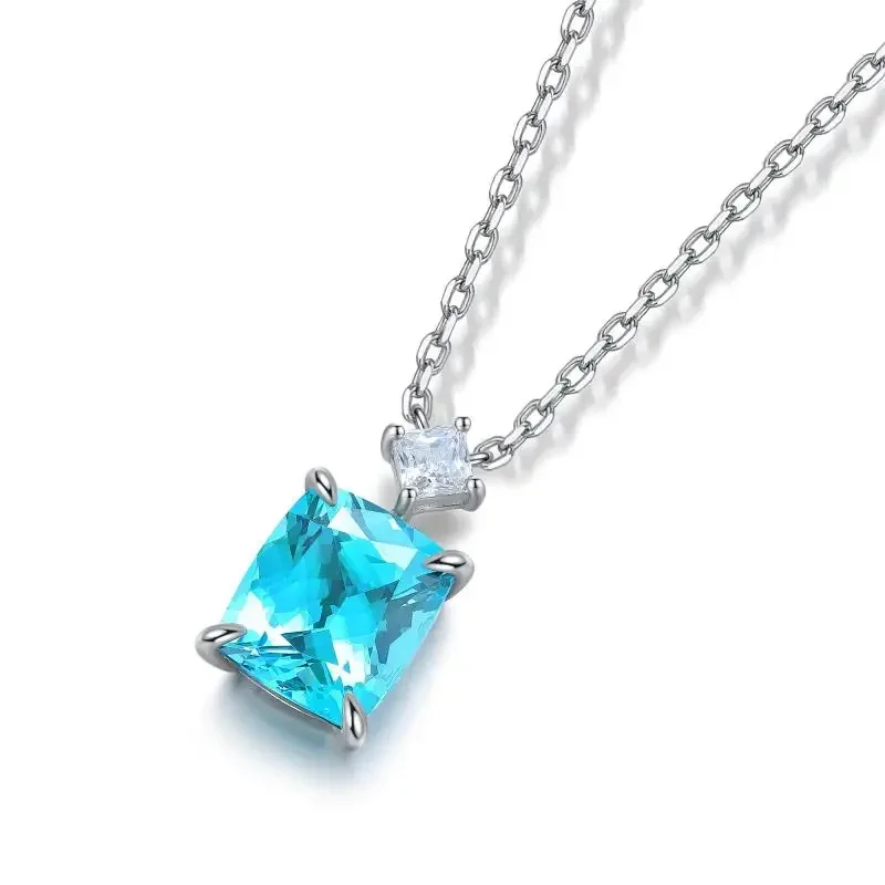 Pirmiana 2023 Hot Sale 6.74ct S925 Silver Cushion Shape Lab Grown Paraiba Sapphire Necklace Engagement Women