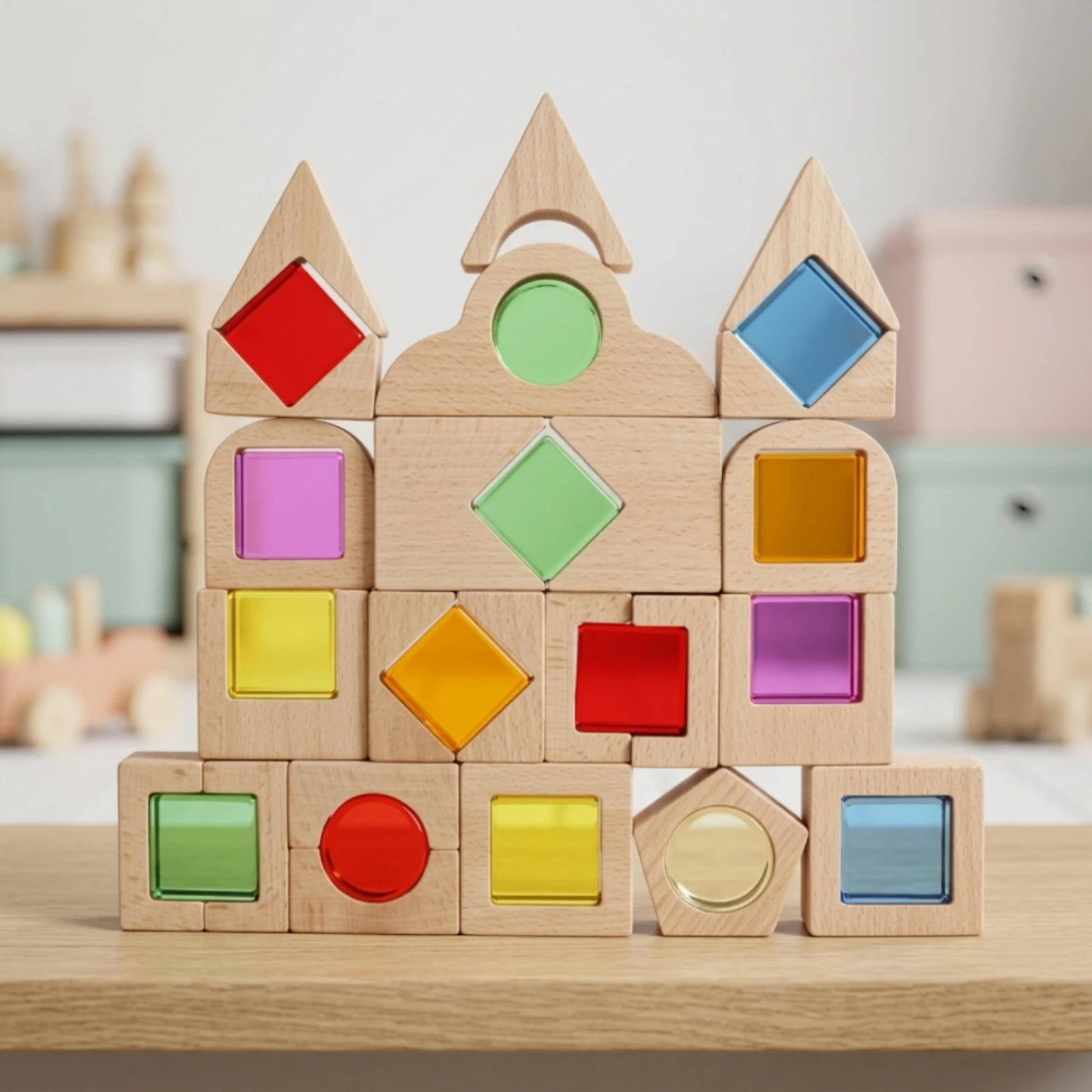 Sensory Building Blocks with Wooden Frame Geometric Wooden Blocks with Acrylic Inserts Toy Colored Open-Ended for Toddlers