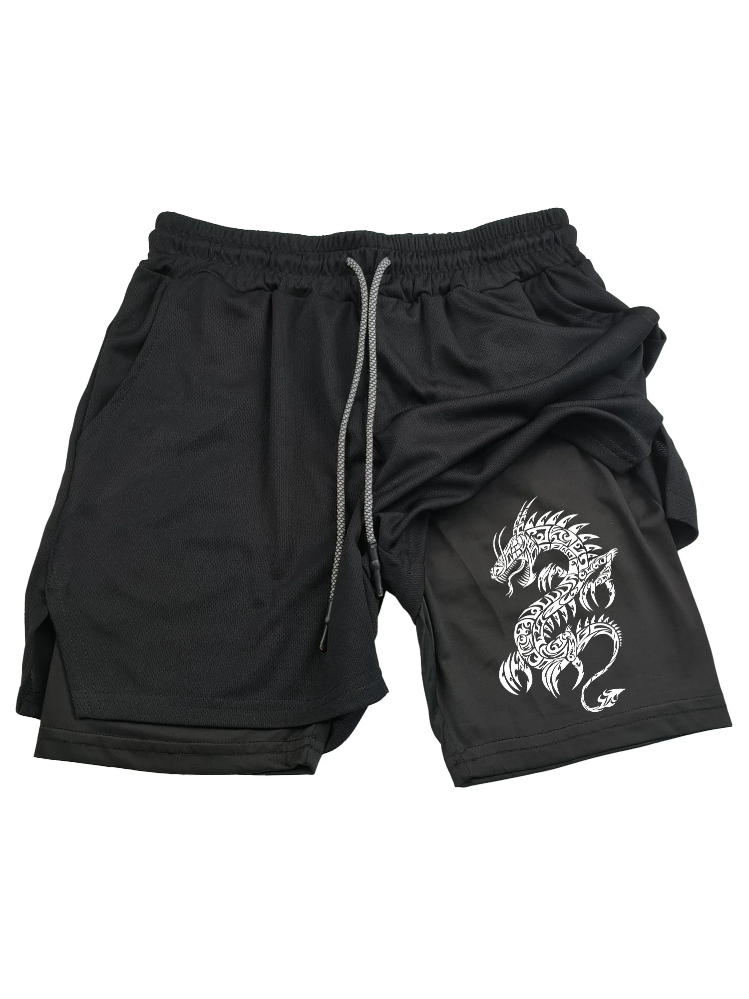 

Men's Dragon Print Double-Layer 2-in-1 Sports Shorts - Breathable Quick-Dry Workout Shorts
