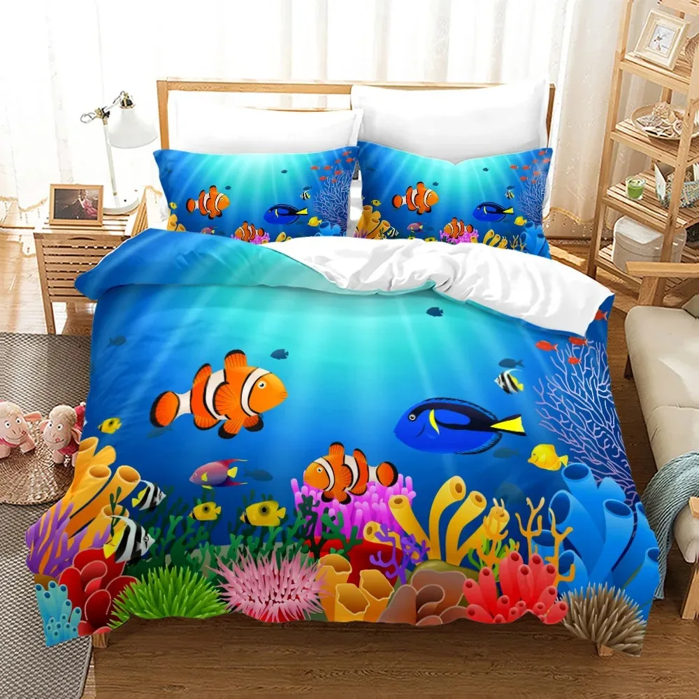 Ocean Duvet Cover Set Polyester Underwater World Clownfish Shark Quilt Cover Sea Animal Theme Double Queen King Size Bedding Set