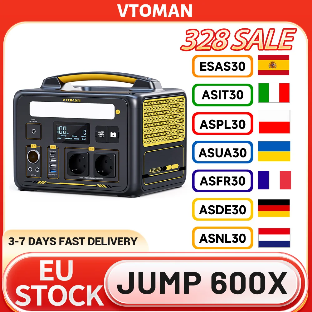 Station d'alimentation portable VTOMAN JUMP 600X 299Wh, sortie 600W, 9 ports, USB-C PD 60W, onde sinusoïdale pure, capacité extensible 939Wh
