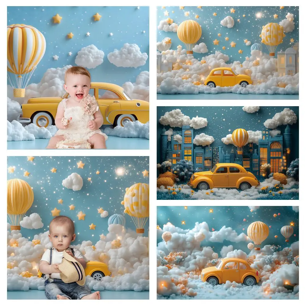 

Little Car Hot Air Balloons Clouds Baby 1st Birthday Party Backdrop Newborn Baby Shower Photography Background Photostudio Prop