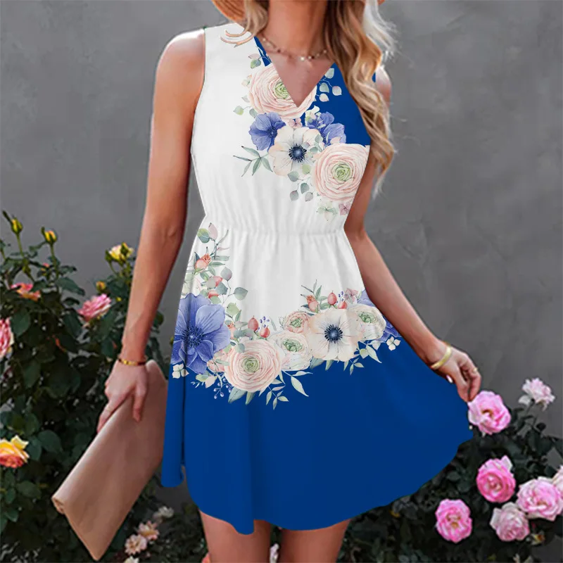 -Border European and American Women's Clothing 2022 Summer New Foreign TradeSleeveless Printed Dress Sh