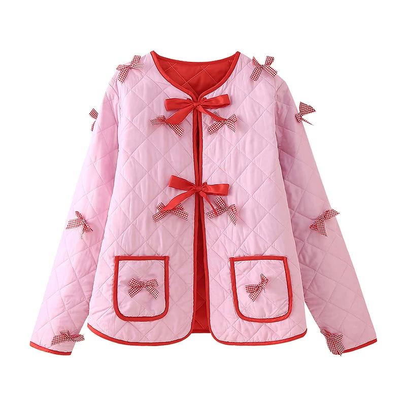 Bow Trim Lace-up Quilted Jacket Plain Pink Cotton-padded Clothes Winter Women Warm Thick Coat Female Fashion Tops Streetwear