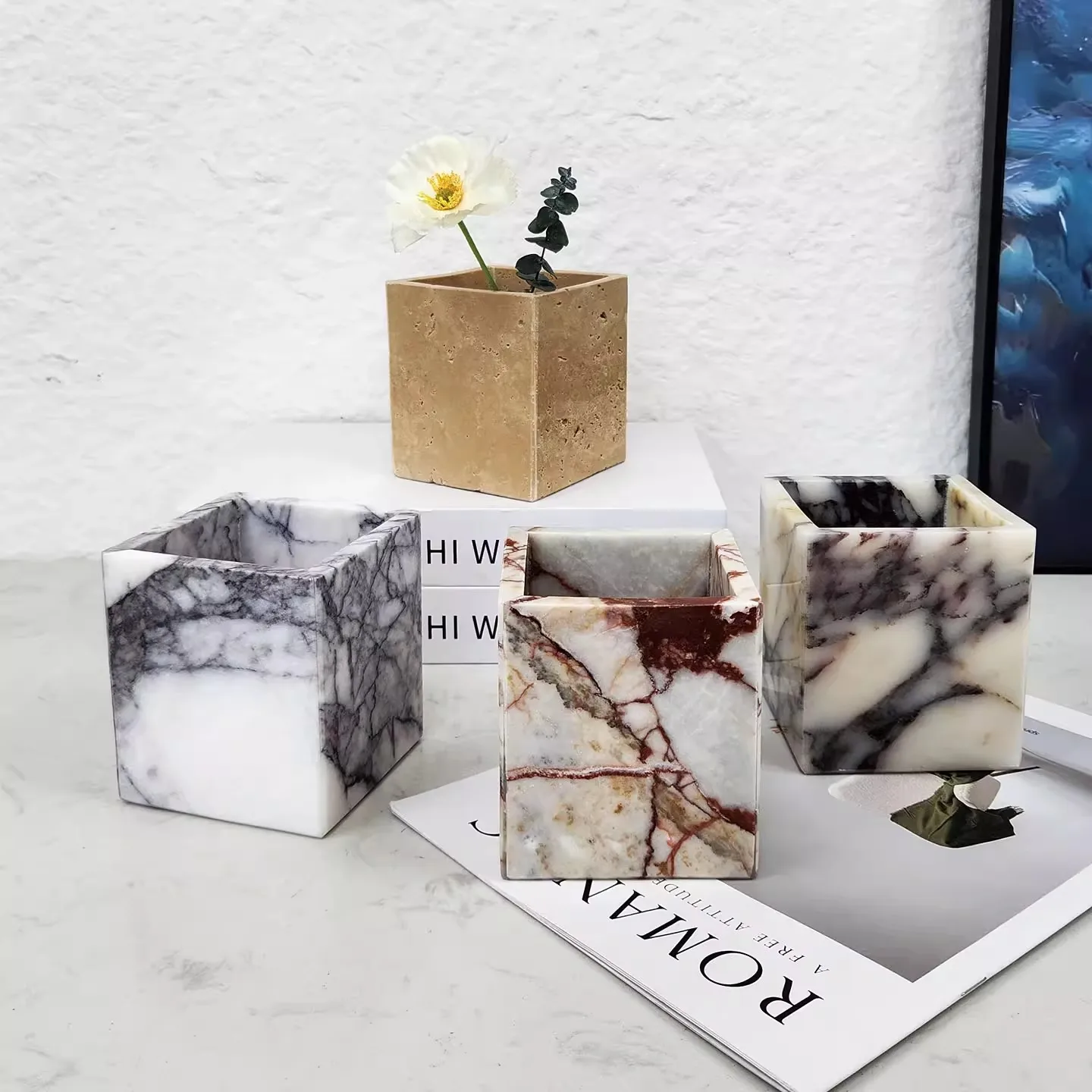 Natural Marble Living Room Desktop Flower Vase Small Ornaments Home Furnishing Office Study Room Decoration Storage Pen Box Cup
