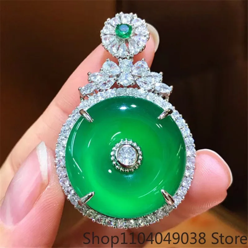 Green Chalcedony Pendant, Safety Buckle, Jadeite Colored Agate Pendant Inlaid with Live Streaming Jewelry Wholesale Manufacturer