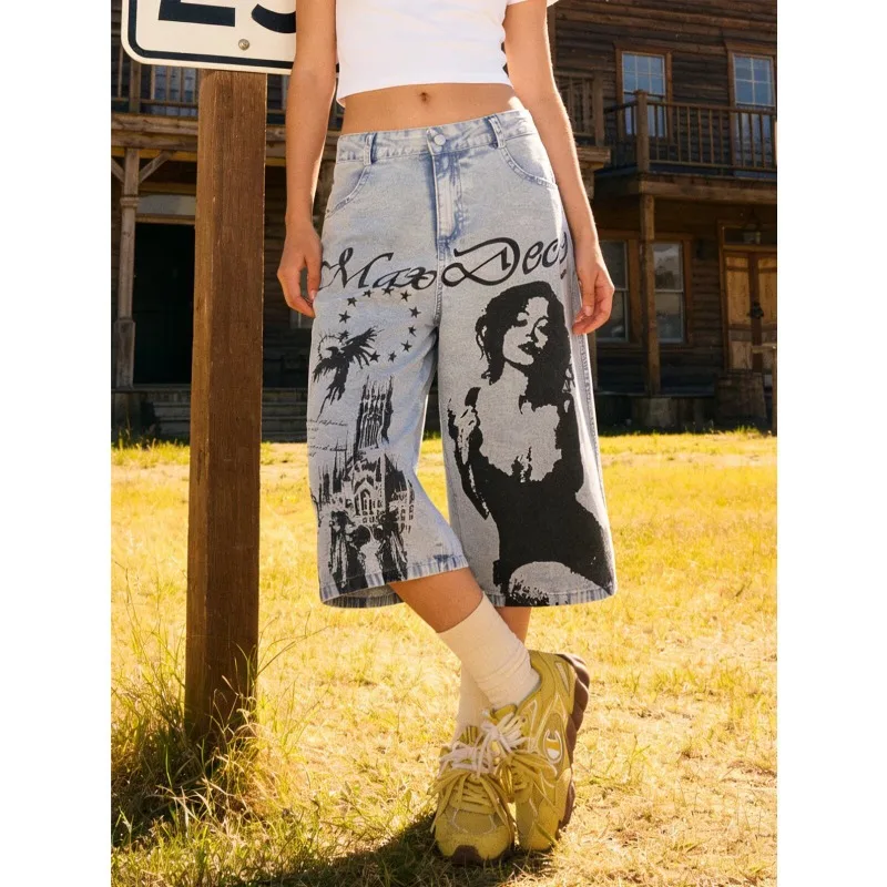 Women's Fashionable Printed Patterns Denim Shorts Wide Leg Calf-length Trousers Girl Summer Pants Female High Waist Capris Jeans