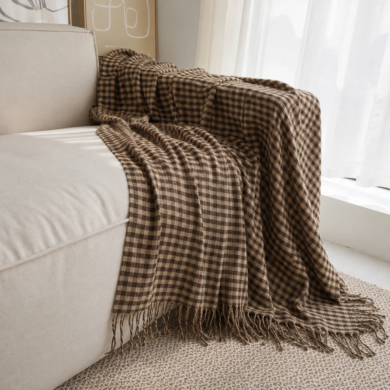 Dark Brown Wavy Chevron Textured Knit Throw Blanket with Tassel Fringe, Soft Knitted Decorative Blanket, Lightweight Cozy Cover for Couch Sofa Bed, Boho Farmhouse Home Decor for Living Room Bedroom