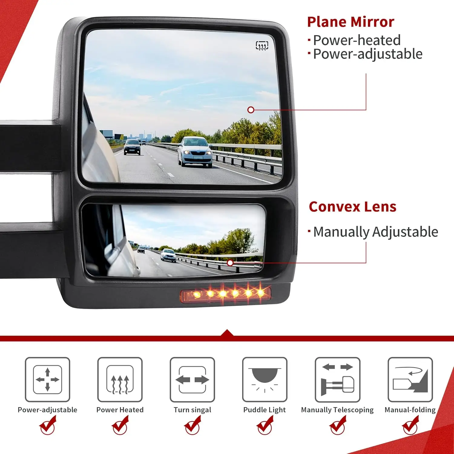 Towing Mirrors for 2007-2014 Ford F150 Series Pickup, Metal, Unspecified Color, Power Heated, LED Signal and Puddle Light
