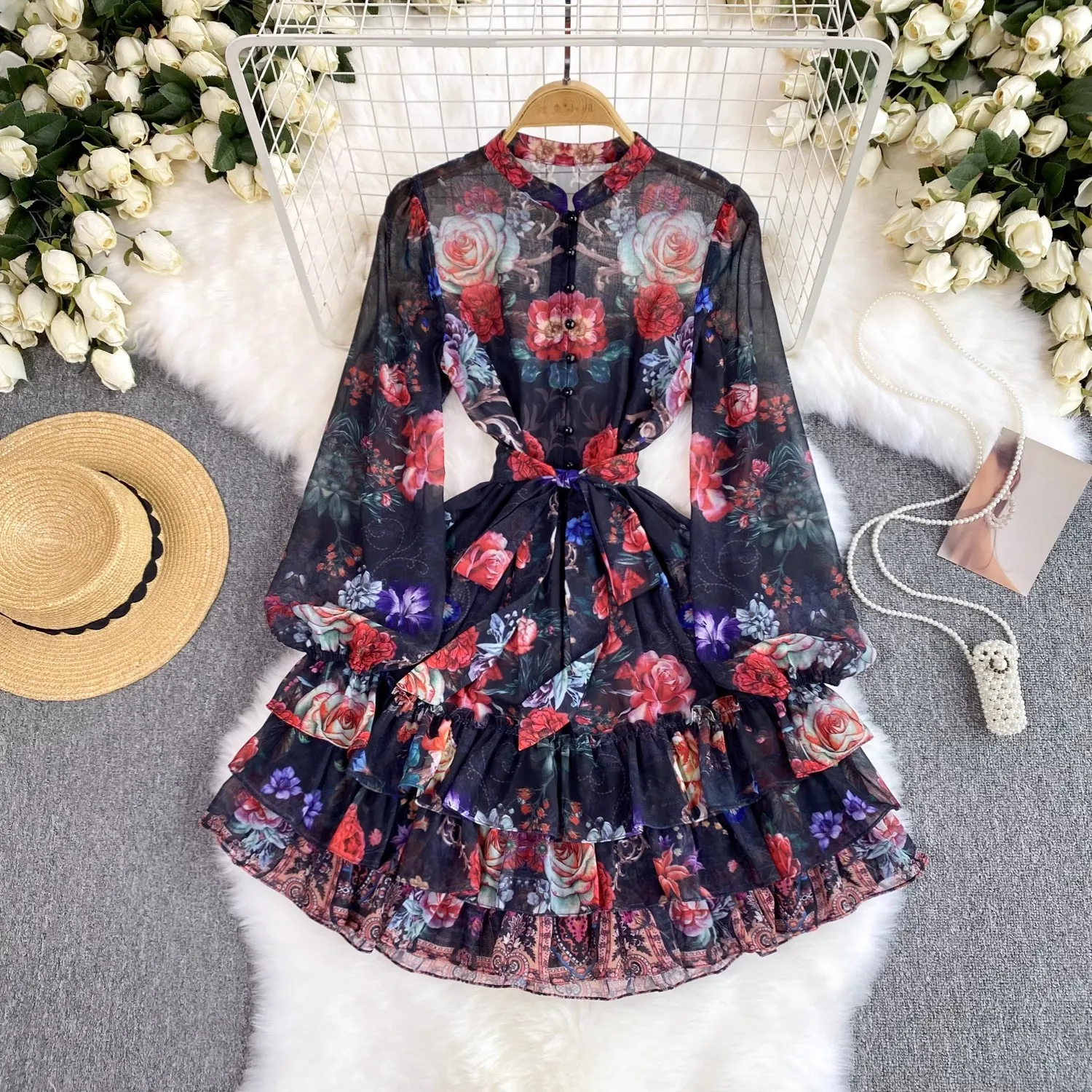 New Fashion Summer Holiday Cascading Ruffles Mini Dress Women\'s Stand Long Sleeve Floral Print Belt Robe Beach Vestidos 2468