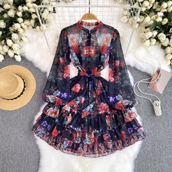 New Fashion Summer Holiday Cascading Ruffles Mini Dress Women's Stand Long Sleeve Floral Print Belt Robe Beach Vestidos 2468