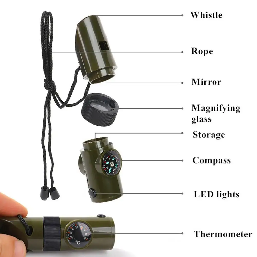 Multi-funcional Survival Whistle, 7-in-1, ao ar livre, emergência profissional, Segurança, Lanyard, Luz LED, Bússola