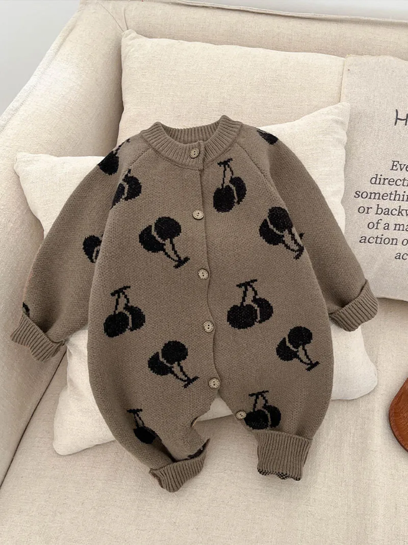 LILIGIRL 2025 New Autumn Baby Rompers  Cute Knitted Cherry Girls Single Breasted Jumpsuit Sweet Loose Infant One Piece 0-3T